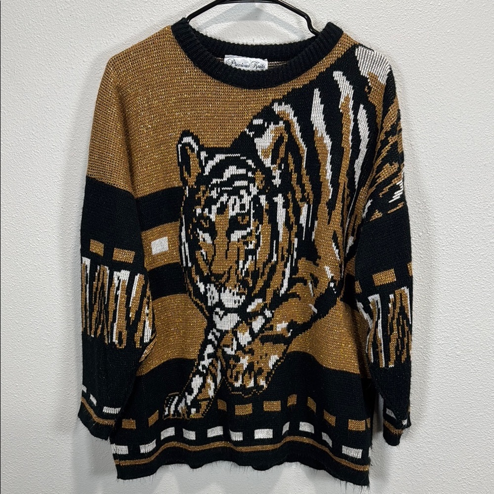 Previous Knits Tiger sweater Black gold‎ and Brown Crewneck Sweater
